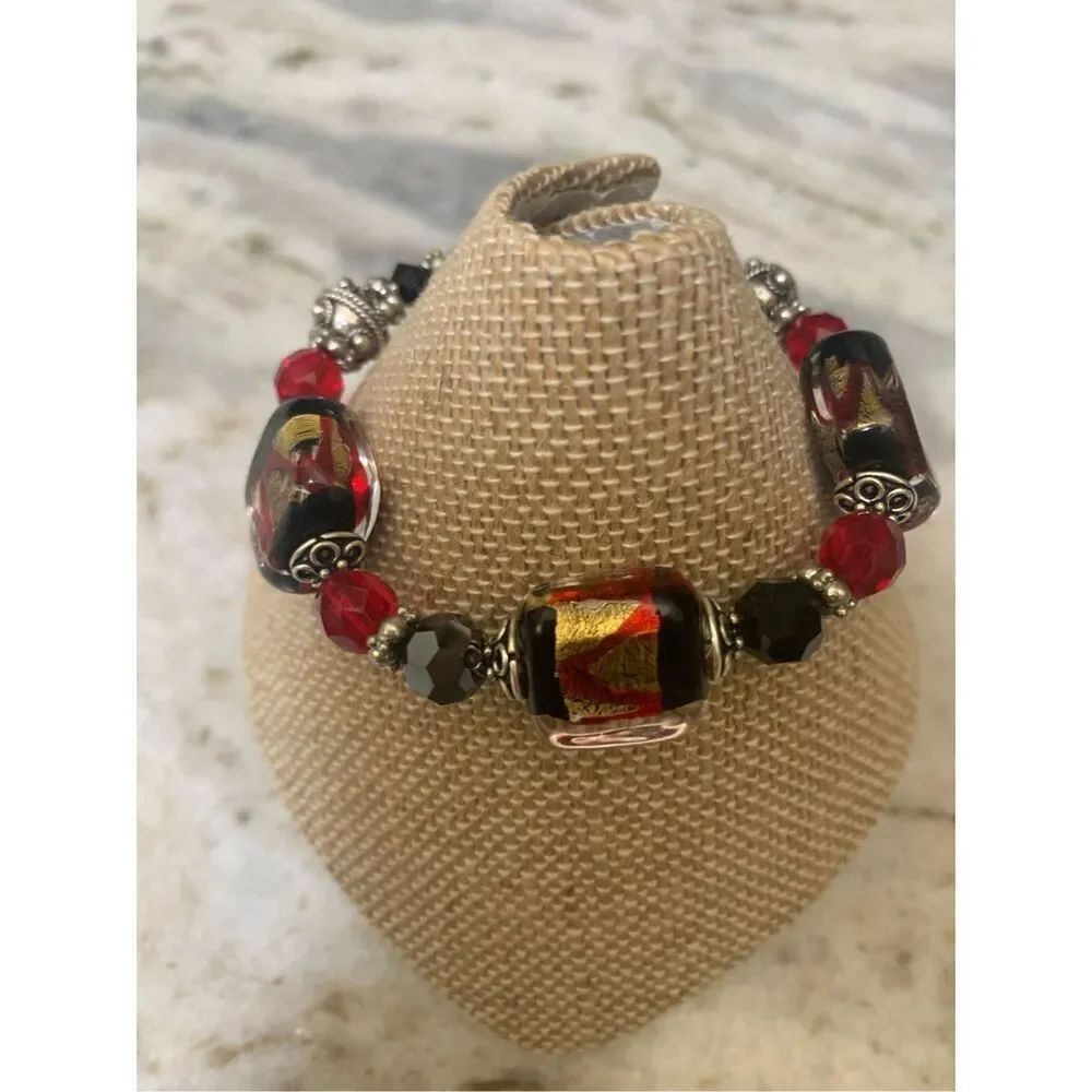 Black Red Gold Murano Glass Handmade Bracelet #vintage